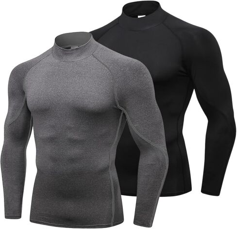 2 Pack Men's Compression Shirts Long Sleeve Dry Fit Workout Undershirt Athletic Mock Turtleneck Top Running Baselayer in Saudi Arabia