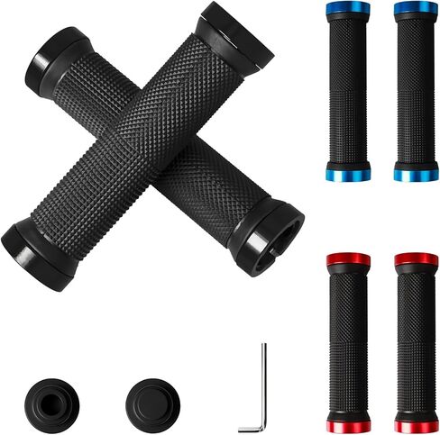Bike Grips, Fits 22mm Diameter Handlebar Bikes, Including 2 Handlebar Caps & Aluminum Alloy Lock Rings (Three Colors) in Saudi Arabia