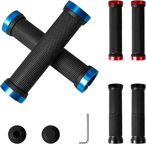 Bike Grips, Fits 22mm Diameter Handlebar Bikes, Including 2 Handlebar Caps & Aluminum Alloy Lock Rings (Three Colors) in Saudi Arabia