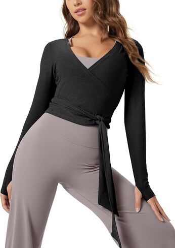 ODODOS Women's Waist Tie Wrap Top - Ultra Soft odSTRATUM Tech UPF 50+ Long Sleeve Cropped Ballet Yoga Shirt with Thumbholes in Saudi Arabia