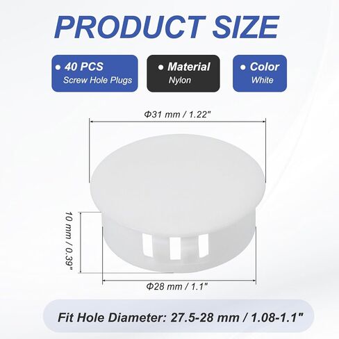 PATIKIL 28mm/1-1/8 Plastic Hole Plugs, 25 Pcs Flush Type Round Plug Snap in Locking Screw Hole Covers Insert End Caps for Furniture Cabinet Kitchen Door Shelves, White in Saudi Arabia
