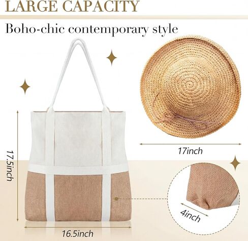 حقيبة شاطئ بوهو للنساء مقاس 16.5 × 17.5 × 4 بوصة حقيبة صيفية كبيرة منسوجة على الشاطئ مع حزام حامل للقبعة لقضاء عطلة السفر in Kuwait