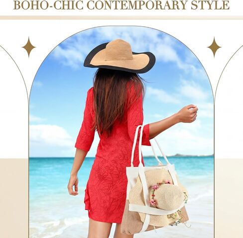 حقيبة شاطئ بوهو للنساء مقاس 16.5 × 17.5 × 4 بوصة حقيبة صيفية كبيرة منسوجة على الشاطئ مع حزام حامل للقبعة لقضاء عطلة السفر in Kuwait