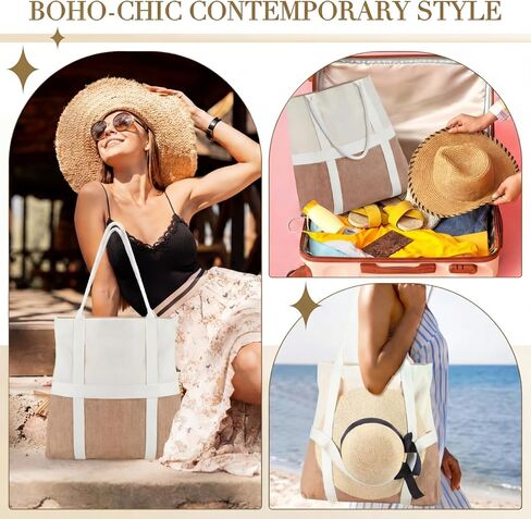 حقيبة شاطئ بوهو للنساء مقاس 16.5 × 17.5 × 4 بوصة حقيبة صيفية كبيرة منسوجة على الشاطئ مع حزام حامل للقبعة لقضاء عطلة السفر in Kuwait