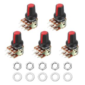 MECCANIXITY 5 مجموعة WH148 B10K أوم طقم قياس الجهد، 6 دبوس عمود منقسم دوار خطي مزدوج تفتق مقياس الجهد الصوتي الدوار مع مقبض الجوز والغسالة للتحكم في مستوى الصوت، عمود 15 مم، أحمر in Kuwait