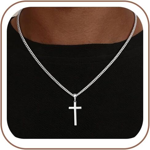 925 Sterling Silver Cross Necklace for Men, 3.5MM Diamond Cut Cuban Link Chain Silver Cross Necklace Christian Gifts for Boyfriend Father Husband in Kuwait