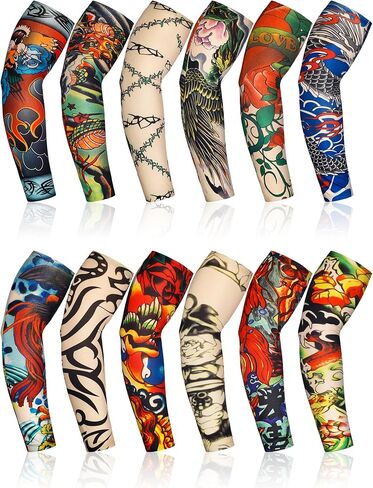 Geyoga 12 Pcs Tattoo Sleeves Fake Arm Sleeves Cover Realistic Soft Elasticity UV Protection for Men Women Working in Kuwait