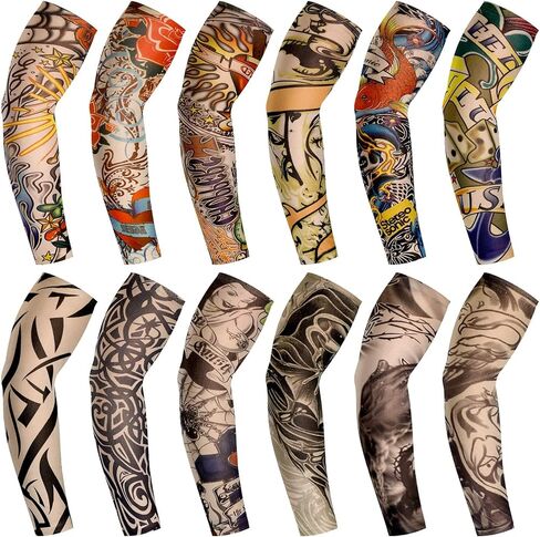 Geyoga 12 Pcs Tattoo Sleeves Fake Arm Sleeves Cover Realistic Soft Elasticity UV Protection for Men Women Working in Kuwait