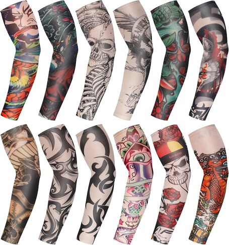 Geyoga 12 Pcs Tattoo Sleeves Fake Arm Sleeves Cover Realistic Soft Elasticity UV Protection for Men Women Working in Kuwait