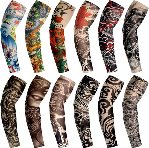 Geyoga 12 Pcs Tattoo Sleeves Fake Arm Sleeves Cover Realistic Soft Elasticity UV Protection for Men Women Working in Kuwait