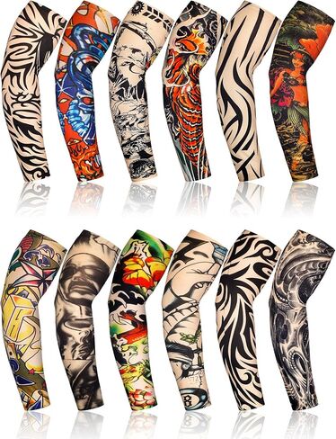 Geyoga 12 Pcs Tattoo Sleeves Fake Arm Sleeves Cover Realistic Soft Elasticity UV Protection for Men Women Working in Kuwait
