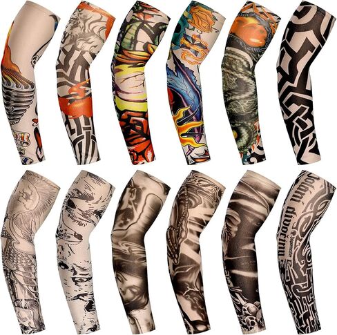 Geyoga 12 Pcs Tattoo Sleeves Fake Arm Sleeves Cover Realistic Soft Elasticity UV Protection for Men Women Working in Kuwait