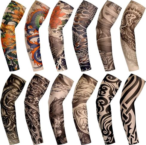 Geyoga 12 Pcs Tattoo Sleeves Fake Arm Sleeves Cover Realistic Soft Elasticity UV Protection for Men Women Working in Kuwait