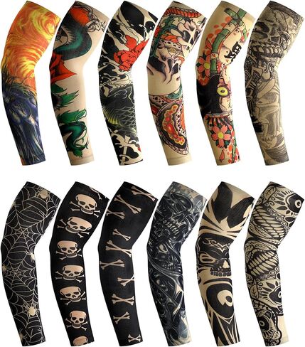 Geyoga 12 Pcs Tattoo Sleeves Fake Arm Sleeves Cover Realistic Soft Elasticity UV Protection for Men Women Working in Kuwait