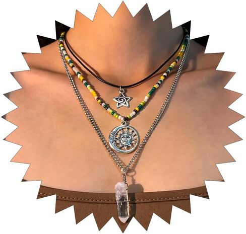 قلادة بوهو الطبقات للنساء مكدسة سلسلة كريستال قلادة الشمس قلادة الهبي بوهو المختنق المجوهرات in Kuwait