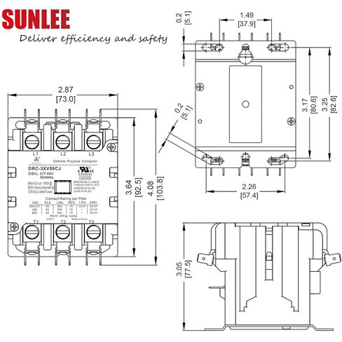 SUNLEE 60 Amp 75 RES 3 Pole 277v Coil SunLee DP Contactor A2L متوافق مع UL المعترف به والمعتمد لموصل الإضاءة UL 60335 المكافئ 42EF35AF in Kuwait