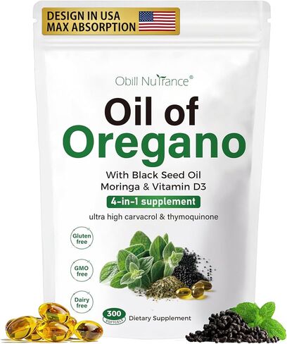زيت كبسولات الأوريجانو ، زيت عضوي 4 في 1 من أوريجانو مع زيت البذور الأسود ، مورينغا وفيتامين D3 لدعم المناعة ، كارفكرول وثيموكينون ، غير المعدلة وراثيا ، 300 ناعمة-150 يوما إمداد in Kuwait