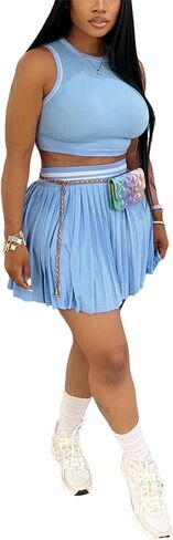 طقم تنورة تنس مكون من قطعتين من CALEBGAR للنساء، بلوزة بدون أكمام ذات ألوان متعددة، تنورة رياضية بطيات عالية الخصر مع شورت، فستان جولف in Kuwait