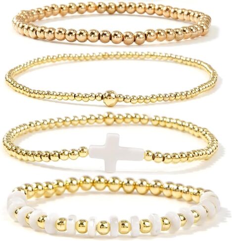 Gold Beaded Bracelets for Women - Stackable Cross Bracelet Stretch Gold Beads Stack Handmade Boho Dainty Non Tarnish Religious Jewelry Trendy Summer Friendship Christian Gift for Women in Saudi Arabia