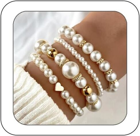 Pearl Bracelets for Women Fashion Multi Layer Pearl Bracelet Set Fake White Pearls Stackable Stretch Bracelets Pearls Jewerly Prom Dress Bridal Wedding Jewerly in Kuwait