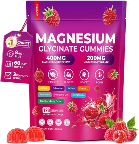 CNFHDI Magnesium Glycinate Gummies 600mg, 120 Counts Chews Sugar Free Magnesium Gummies for Adults & Kids with L-Threonate, Calcium, Zinc & CQ10, Potassium Supplements for Zzz, Brain, Muscle & Relax in Saudi Arabia
