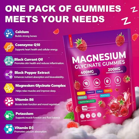 CNFHDI Magnesium Glycinate Gummies 600mg, 120 Counts Chews Sugar Free Magnesium Gummies for Adults & Kids with L-Threonate, Calcium, Zinc & CQ10, Potassium Supplements for Zzz, Brain, Muscle & Relax in Saudi Arabia