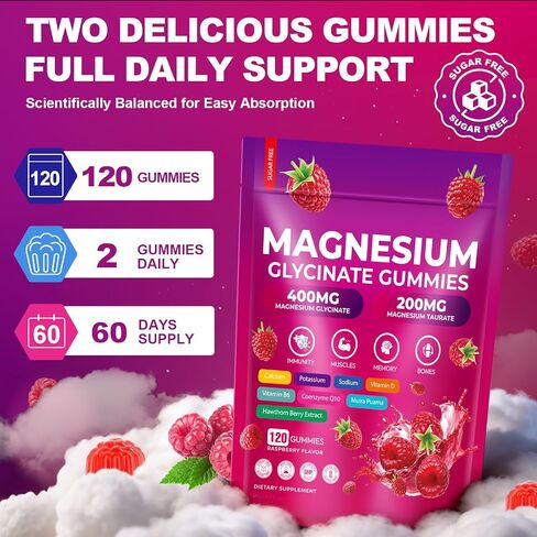 CNFHDI Magnesium Glycinate Gummies 600mg, 120 Counts Chews Sugar Free Magnesium Gummies for Adults & Kids with L-Threonate, Calcium, Zinc & CQ10, Potassium Supplements for Zzz, Brain, Muscle & Relax in Saudi Arabia