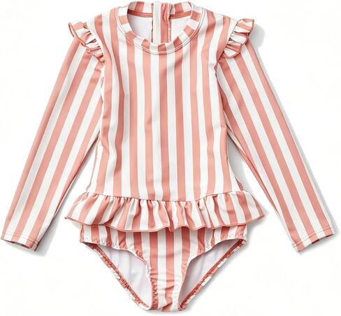Girls One Piece Swimsuits Zipper Rash Guard Long Sleeve Bathing Suit with Ruffle Hem UPF50+ in Kuwait