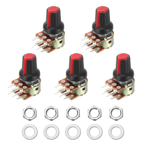 MECCANIXITY 5 مجموعة WH148 B10K أوم طقم قياس الجهد، 6 دبوس عمود منقسم دوار خطي مزدوج تفتق مقياس الجهد الصوتي الدوار مع مقبض الجوز والغسالة للتحكم في مستوى الصوت، عمود 15 مم، أحمر in Kuwait