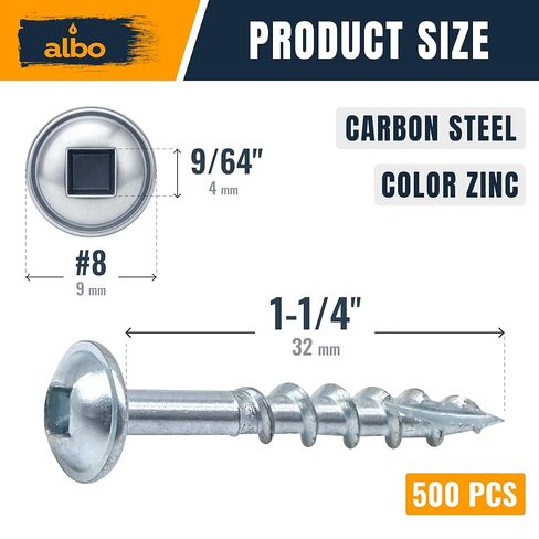 براغي فتحة الجيب ALBO #8 × 1-1/4 بوصة، 500 قطعة، من الفولاذ الكربوني المطلي بالزنك - براغي خشبية مربعة الشكل مع لقمة مجانية 150 مم، وخزانة ذاتية التنصت ومسامير النجارة in Kuwait