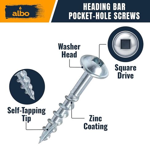 براغي فتحة الجيب ALBO #8 × 1-1/4 بوصة، 500 قطعة، من الفولاذ الكربوني المطلي بالزنك - براغي خشبية مربعة الشكل مع لقمة مجانية 150 مم، وخزانة ذاتية التنصت ومسامير النجارة in Kuwait