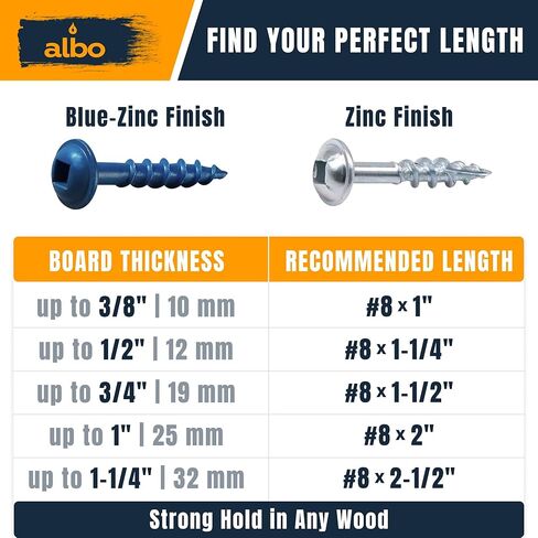 براغي فتحة الجيب ALBO #8 × 1-1/4 بوصة، 500 قطعة، من الفولاذ الكربوني المطلي بالزنك - براغي خشبية مربعة الشكل مع لقمة مجانية 150 مم، وخزانة ذاتية التنصت ومسامير النجارة in Kuwait