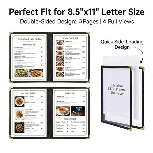 أغطية القائمة 8.5 × 11 بوصة - 3 صفحات 6 مشاهدات أغطية قائمة المطاعم، كتيب قائمة بلاستيكي متين للاستخدام اليومي في المطاعم in Kuwait