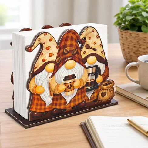 Cute Wooden Napkin Holder Coffee Gnomes Design Farmhouse Cafe Wood Napkin Holder for Table Kitchen Coffee Station Decor in Saudi Arabia