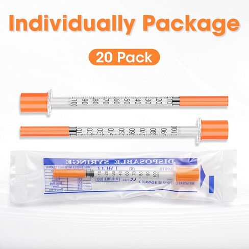 1ml/cc 29G 5/16" (8mm) Syringe, U-100 Disposable Syringes, Individually Wrapped, Pack of 20 in Kuwait