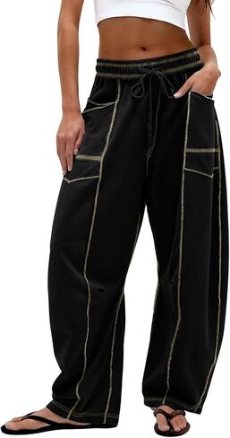 دوكوريتو برميل سروال روتين النساء غير الرسمي الخصر المرن عريض الساق العرق مع الجيوب صالة السراويل الفضفاضة in Kuwait