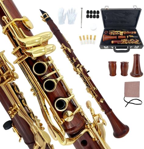 Vetimobato Bb Clarinet 17 Keys 6 Rings Ebonite Body for Beginner & Professional with 2 Replaceable Barrels, Case, Mouthpiece, Reeds, Cork Grease, Gloves & Swab Cleaning Kit (Ebonite Bb) in Kuwait