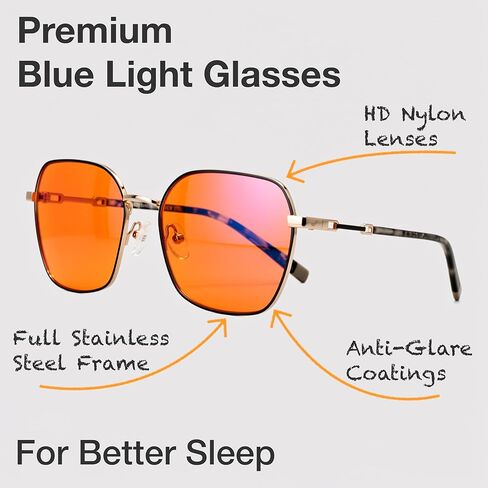 نظارات برتقالية زرقاء تحجب الضوء من أجل نوم أفضل - نظارات الصداع النصفي للكمبيوتر البرتقالية الفاخرة المصنوعة من العنبر المقاوم للصدأ للنساء والرجال - العنبر fl 41 حاصرات الضوء الأزرق للألعاب لإجهاد العين والتعب in Kuwait