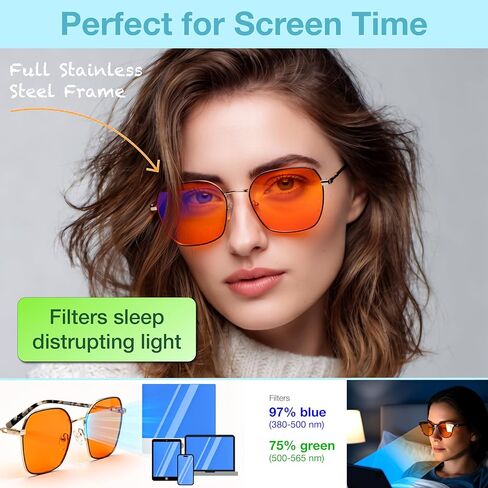 نظارات برتقالية زرقاء تحجب الضوء من أجل نوم أفضل - نظارات الصداع النصفي للكمبيوتر البرتقالية الفاخرة المصنوعة من العنبر المقاوم للصدأ للنساء والرجال - العنبر fl 41 حاصرات الضوء الأزرق للألعاب لإجهاد العين والتعب in Kuwait