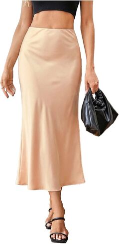 MakeMeChic Women's Polka Dots Midi Skirt Satin Vintage Elegant Pencil Flowy Silk Long Skirts in Saudi Arabia