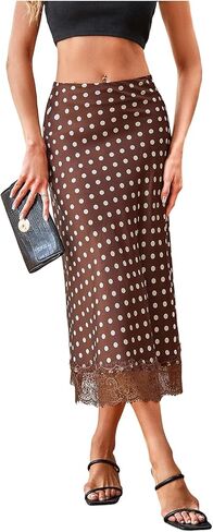 Makemechic Women's Polka Dots Midi Skirt Satin عتيقة قلم رصاص أنيقة الحرير الطويل in Kuwait