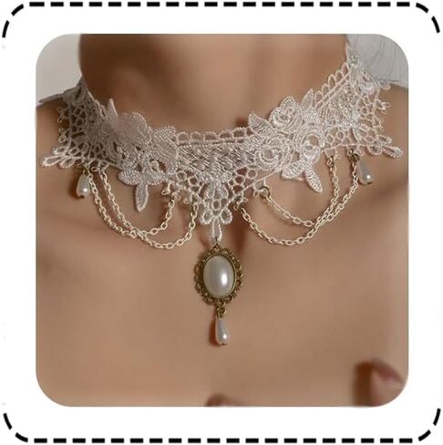 Gothic Black Lace Choker Necklace with Crystal Tassel Ruby Gemstone Charm Pendant Collar Necklace White Lace Bridal Accessories Halloween Punk Costume Jewelry in Saudi Arabia