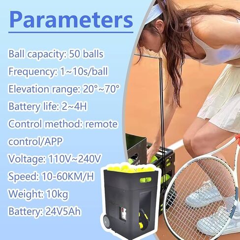 Portable Tennis Ball Machine, Adjustable Launch Angle, Speed, 3-4 Hours Battery Life, 50 Ball Capacity, for Tennis Trainers, Beginners in Kuwait