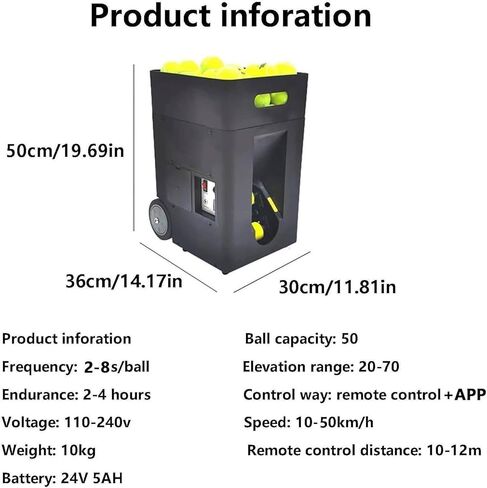 Automatic Tennis Ball Launching Machine, Automatic Tennis Ball Launching Machine with Remote Control and Application, Adjustable Angle, Capacity 50 Balls, for Beginners in Kuwait