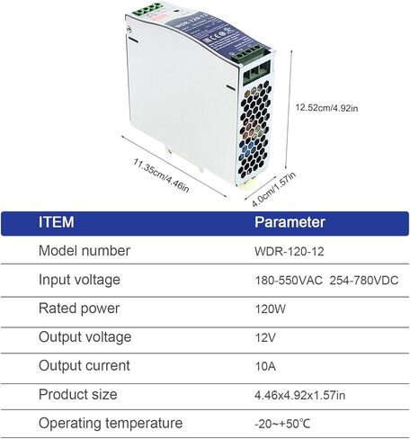 WDR-120-12 12VDC 10A 120W مصدر طاقة صناعي للسكك الحديدية DIN أحادي الإخراج، محدد تيار ثابت مدمج، اتصال مرحل DC OK، UL508، موثوق وفعال للأتمتة الصناعية in Kuwait