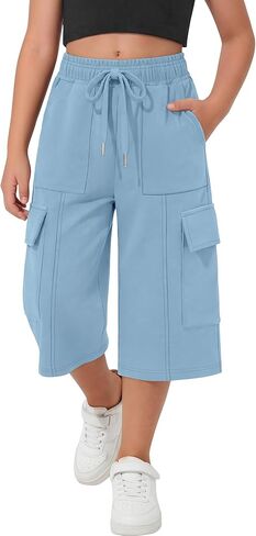 Girl's Capri Sweatpants Kids Wide Leg Cargo Capris Baggy Elastic Waist Drawstring Active Casual Pants with Pockets in Saudi Arabia