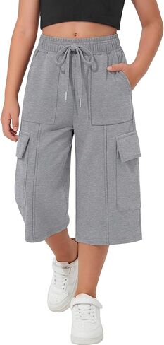 Girl's Capri Sweatpants Kids Wide Leg Cargo Capris Baggy Elastic Waist Drawstring Active Casual Pants with Pockets in Saudi Arabia