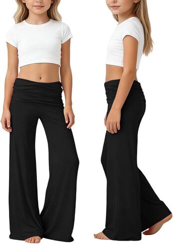 سراويل يوجا للفتيات ذات قصة واسعة وقابلة للطي ومتوهجة رياضية بخصر عالٍ وأسفل الجرس ملابس عصرية للمراهقين ملابس للأطفال in Kuwait