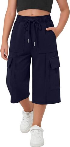 Girl's Capri Sweatpants Kids Wide Leg Cargo Capris Baggy Elastic Waist Drawstring Active Casual Pants with Pockets in Saudi Arabia