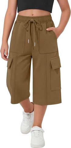 Girl's Capri Sweatpants Kids Wide Leg Cargo Capris Baggy Elastic Waist Drawstring Active Casual Pants with Pockets in Saudi Arabia